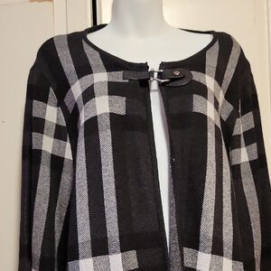 Anne Klein Black and White Plaid Open Front Coat with Buckle